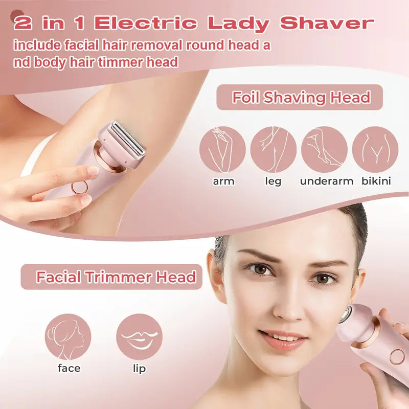 2-in-1 Electric Shaver for Women - Waterproof Trimmer for Legs & Face,Wet&Dry Use